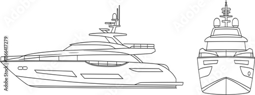 Modern luxury yacht technical sketch set with side and front views for maritime vessel design and naval architecture