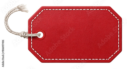 Red, stitched, blank rectangular tag with string, on a transparent background