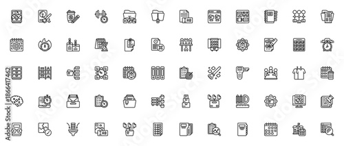 Organization icon set. Minimal vector icons pack. Includes symbols for filing cabinet, folder, calendar, planner, laptop, storage, management and more. Editable stroke.