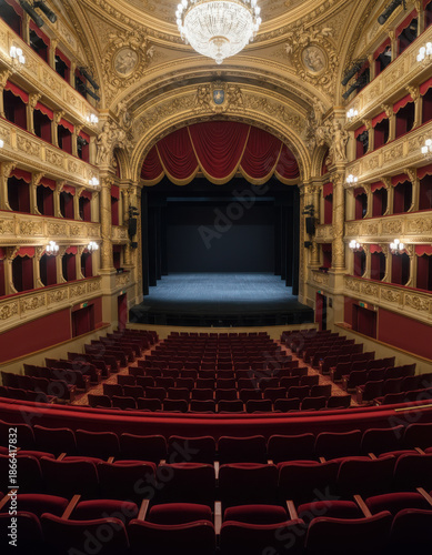 Grand Interior Perspective of a Lavish Opera House Auditorium with Red Velvet Seating