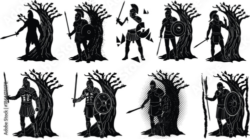 Vector silhouettes of people and trees in fashion and dance illustrations