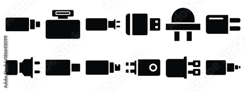 Minimalist black silhouette of a plugin module vector icon set.