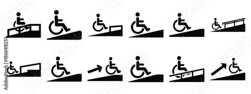 Minimalist black silhouette of a accessibility ramp vector icon set.