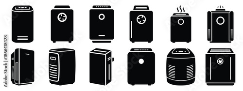 Minimalist black silhouette of a air purifier vector icon set.