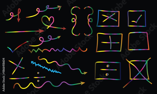 Multicolored neon light graffiti and shapes on black background