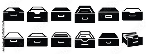 Minimalist black silhouette of a archive drawer vector icon set.