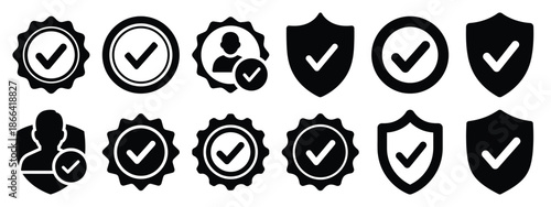 Minimalist black silhouette of a badge verified vector icon set.