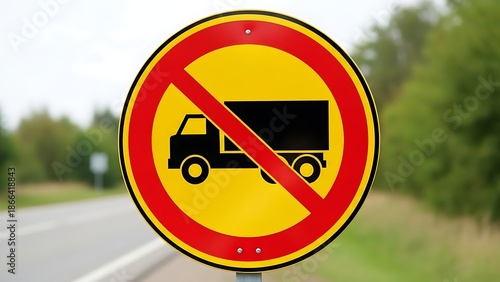 No trucks allowed road sign on highway with trees