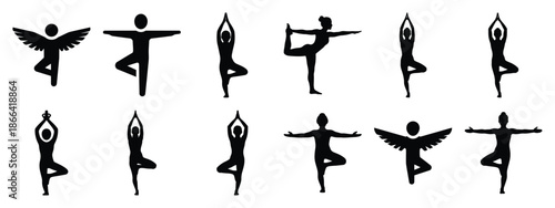 Minimalist black silhouette of a balance yoga vector icon set.