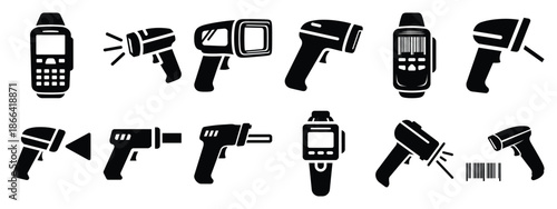 Minimalist black silhouette of a barcode reader vector icon set.
