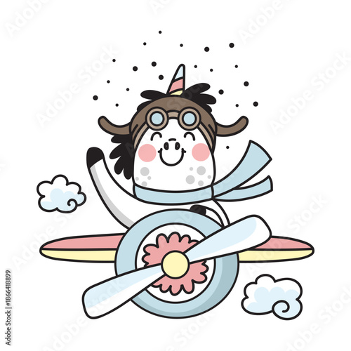 Cute unicorn pilot is flying in an airplane colored illustration