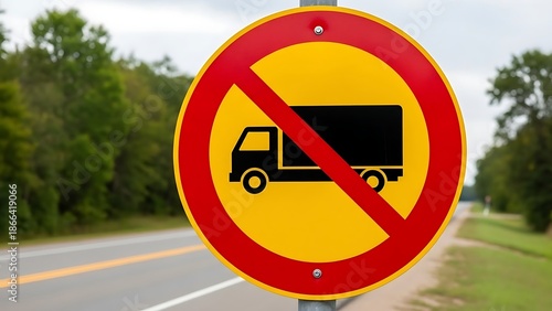 No trucks allowed road sign on highway with trees