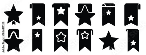 Minimalist black silhouette of a bookmark star vector icon set.