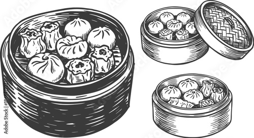 Dim sum basket vector illustration in hand drawn style