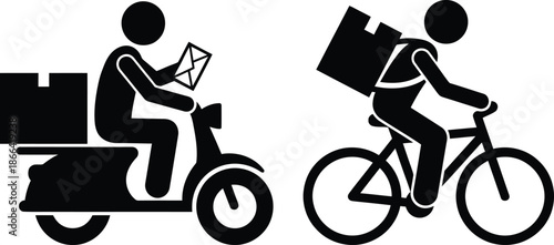 Delivery person riding motorcycle and bicycle with package