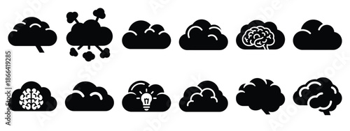 Minimalist black silhouette of a brainstorm cloud vector icon set.
