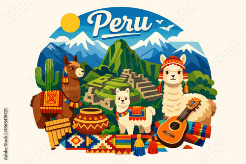 Peruvian Cultural Symbols Flat Vector Illustration with Llamas, Machu Picchu, Andean Mountains, and Traditional Textiles