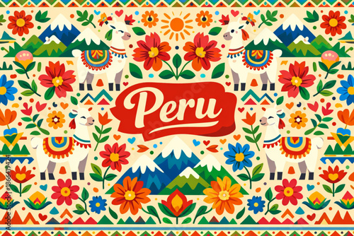 Seamless Peruvian Folk Art Pattern Vector with Llamas, Flowers, Mountains, and Geometric Shapes