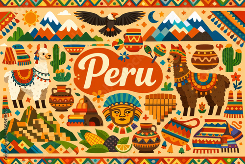 Seamless Peruvian Pattern Vector with Llamas, Mountains, and Traditional Textiles