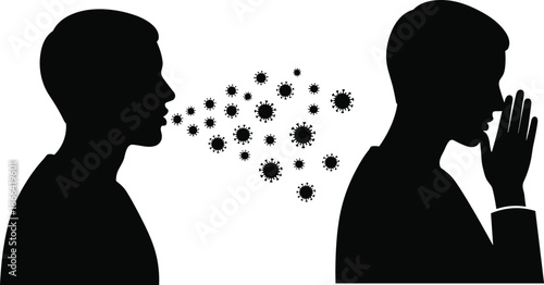 Silhouette of virus transmission between two people, airborne infection spread concept, cough and sneeze droplets illustration highlighting disease, health risk, and contamination awareness