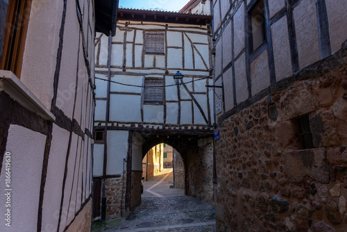 Beautiful village of Poza de la Sal, Burgos, Castilla y Leon, Spain, with its half-timbered houses.