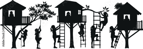 Silhouette children climbing treehouses, outdoor play scene, adventurous activity, black vector illustration, imaginative childhood exploration and fun