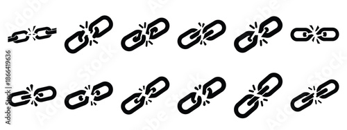 Minimalist black silhouette of a chain broken vector icon set.