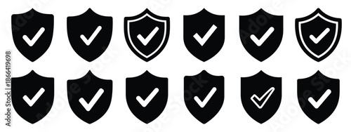 Minimalist black silhouette of a check shield vector icon set.