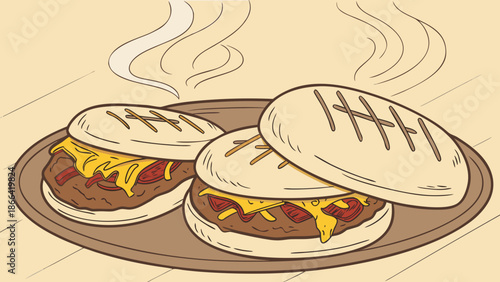 A cartoon illustration set of a fast food meal featuring a beef hamburger with cheese, lettuce, and tomato alongside fries and a drink for a restaurant menu vector icon