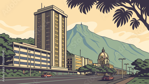 A vibrant vector illustration of an urban downtown skyline featuring modern architecture, towering skyscrapers, and busy street roads filled with cars beneath a clear blue sky