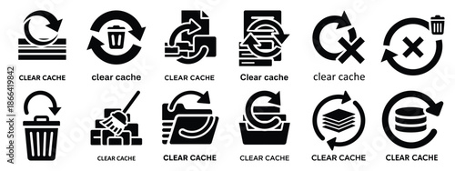 Minimalist black silhouette of a clear cache vector icon set.