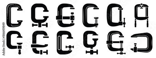 Minimalist black silhouette of a clamp tool vector icon set.