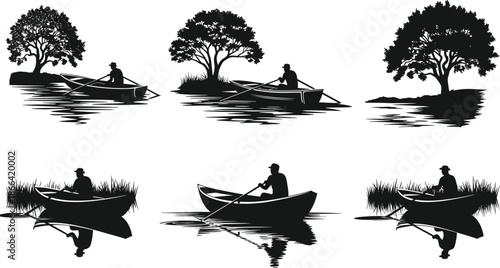 Rowing boat silhouette in nature, tranquil water scene with trees and reeds, black vector art, outdoor leisure illustration
