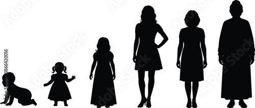 Female life stages silhouettes from baby to elderly woman, growth and aging concept, black people vector illustration set for family, generation and lifecycle design