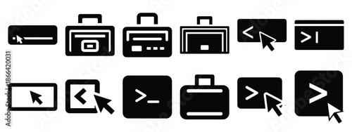 Minimalist black silhouette of a command prompt vector icon set.