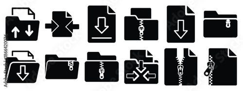Minimalist black silhouette of a compress file vector icon set.