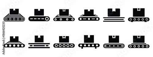 Minimalist black silhouette of a conveyor package vector icon set.