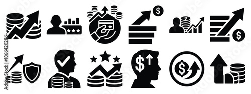 Minimalist black silhouette of a credit score vector icon set.