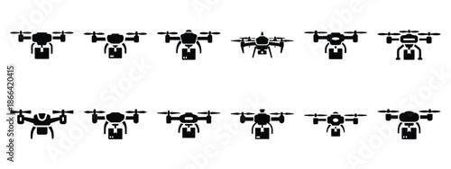 Minimalist black silhouette of a delivery drone vector icon set.