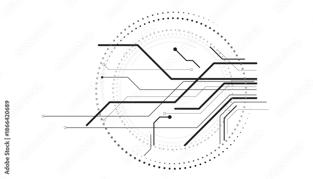 Obraz premium circuit board illustration, futuristic digital technology interface, abstract black and white electronic wiring diagram on white background