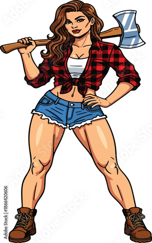 Strong Female Lumberjack with Double-Sided Axe