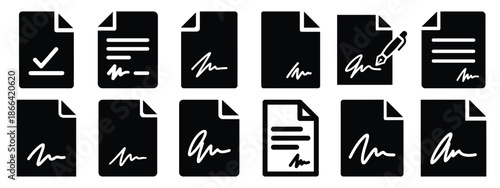 Minimalist black silhouette of a document signed vector icon set.
