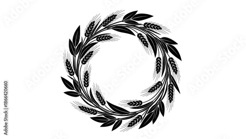 Elegant Wheat and Leaf Wreath Decoration in Black on Isolated White Background, Rustic Circular Frame Element
