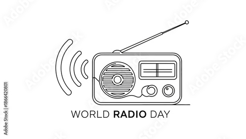 World Radio Day Outlined with Classic Radio and Broadcasting Waves on Isolated White Background