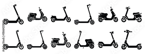 Minimalist black silhouette of a electric scooter vector icon set.