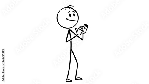 Happy Stick Figure Clapping Hands, Expressing Approval and Appreciation on Isolated White Background