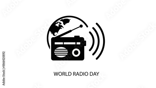 World Radio Day Concept with Classic Radio, Globe, and Broadcasting Waves on Isolated White Background