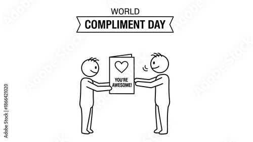 Two Stick Figures Celebrating World Compliment Day, One Giving "You're Awesome!" Compliment on Isolated White Background