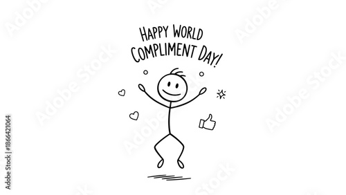 Joyful stick figure celebrating Happy World Compliment Day with thumbs up on isolated white background