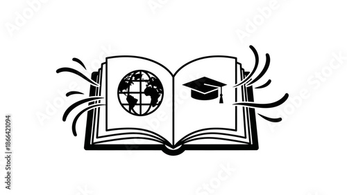 Global education and knowledge spread concept with open book, graduation cap, and globe on isolated white background
